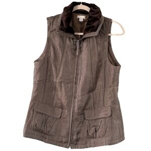 Chicos Women's Metallic Sleeveless Full Zip Vest Taupe Brown Velour Collar‎